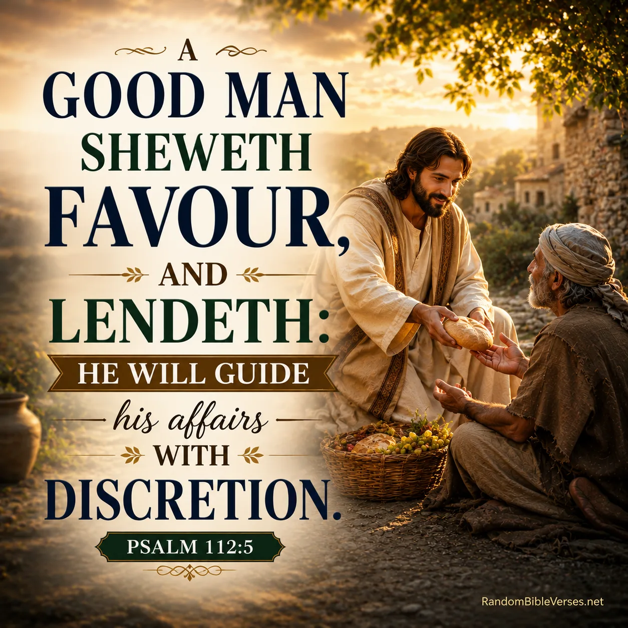 Psalm 112:5 Bible verse image showing a kind man generously giving bread to a person in need at sunset, symbolizing compassion, generosity, wisdom, and righteous living.