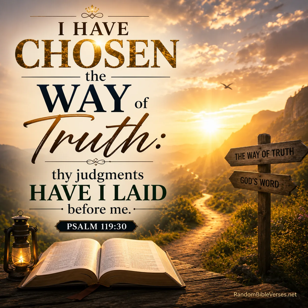 Psalm 119:30 Bible verse image featuring an open Bible beside a scenic path at sunrise, symbolizing choosing the way of truth, following God's Word, faith, wisdom, and spiritual guidance.