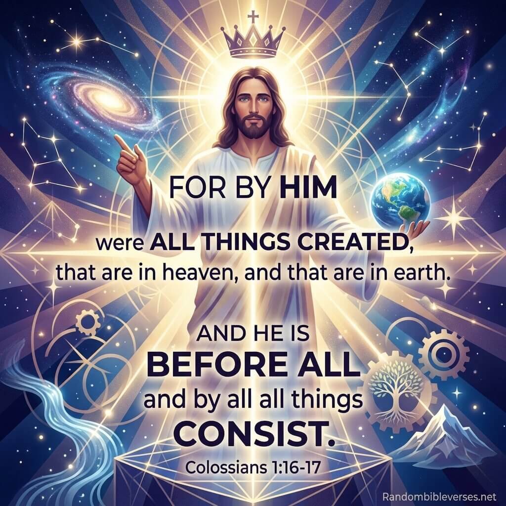 A majestic, radiant digital illustration of Jesus Christ at the center, with a glowing crown hovering above his head. He holds the Earth in his left hand and points upward with his right hand. The background is filled with cosmic and earthly elements of creation, including a galaxy, constellations, sacred geometry, mountains, a river, a tree of life, and mechanical gears. Overlay text features the Bible verses Colossians 1:16-17: "FOR BY HIM were ALL THINGS CREATED, that are in heaven, and that are in earth. AND HE IS BEFORE ALL and by all all things CONSIST."
