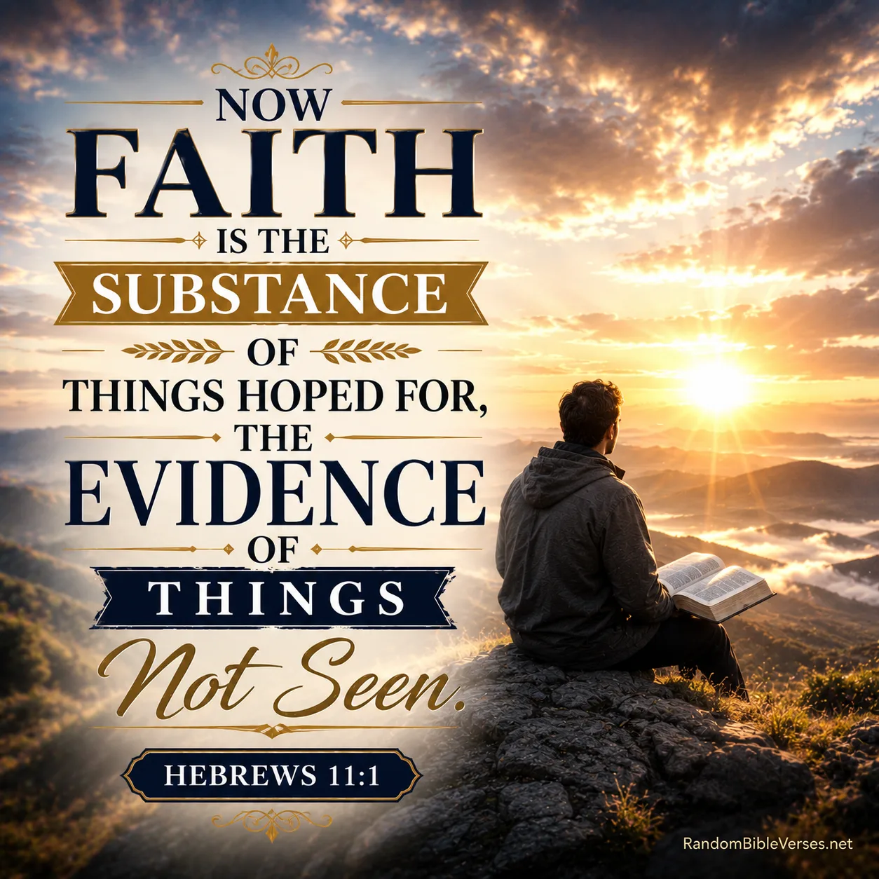 Hebrews 11:1 Bible verse image showing a believer reading an open Bible on a mountain at sunrise, symbolizing faith, hope, trust in God, and confidence in His unseen promises.