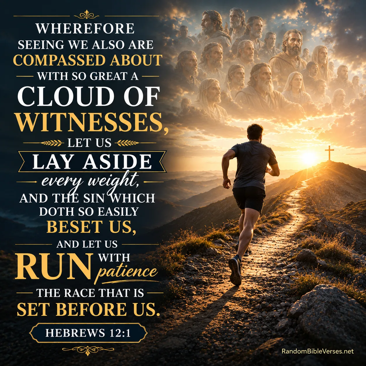 Hebrews 12:1 Bible verse image featuring a believer running toward a cross on a mountain at sunrise beneath a great cloud of witnesses, symbolizing faith, perseverance, endurance, and the Christian race.