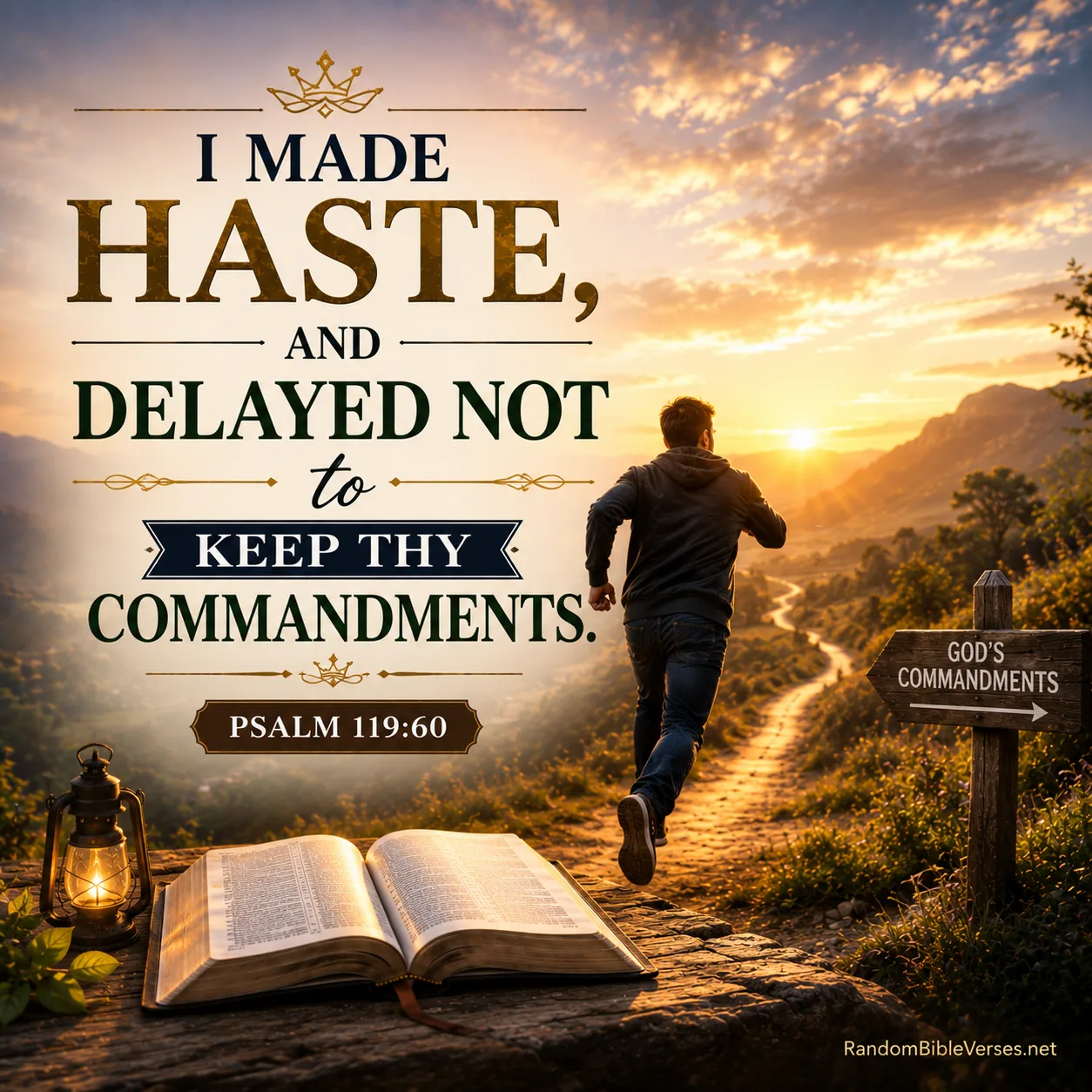 Psalm 119:60 Bible verse image showing a believer running toward the sunrise with an open Bible and a sign pointing to God's commandments, symbolizing obedience, faith, and commitment to God's Word.