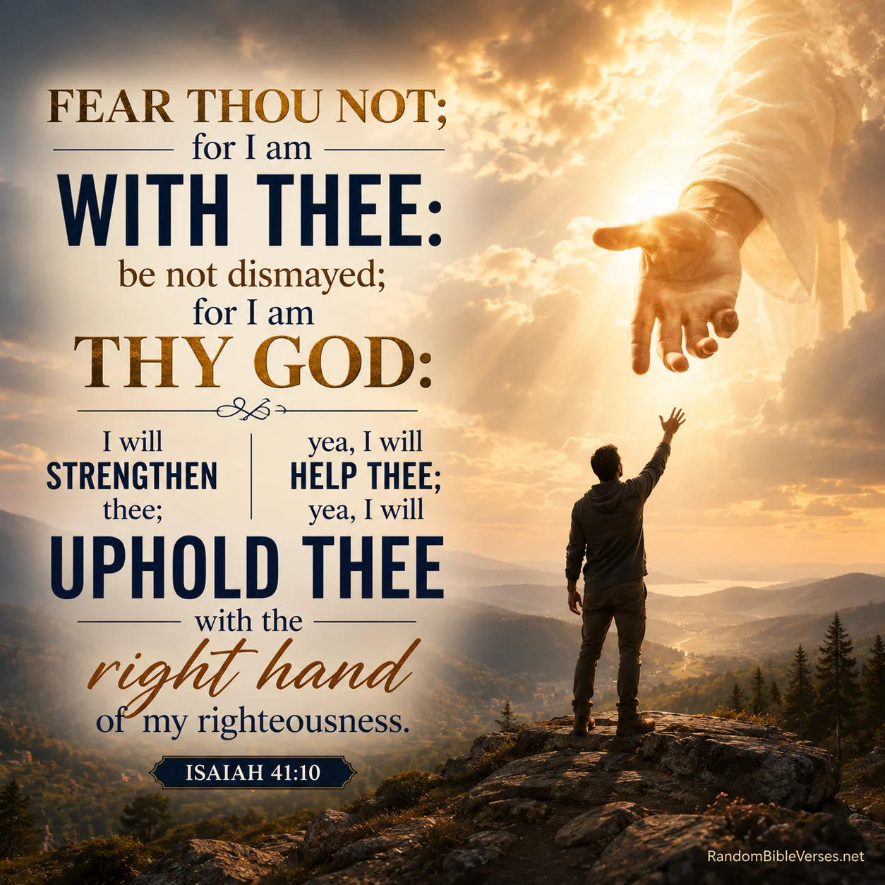 Isaiah 41:10 KJV Bible verse image with God's outstretched hand reaching toward a believer on a mountain at sunrise, symbolizing faith, courage, strength, hope, and God's protection.