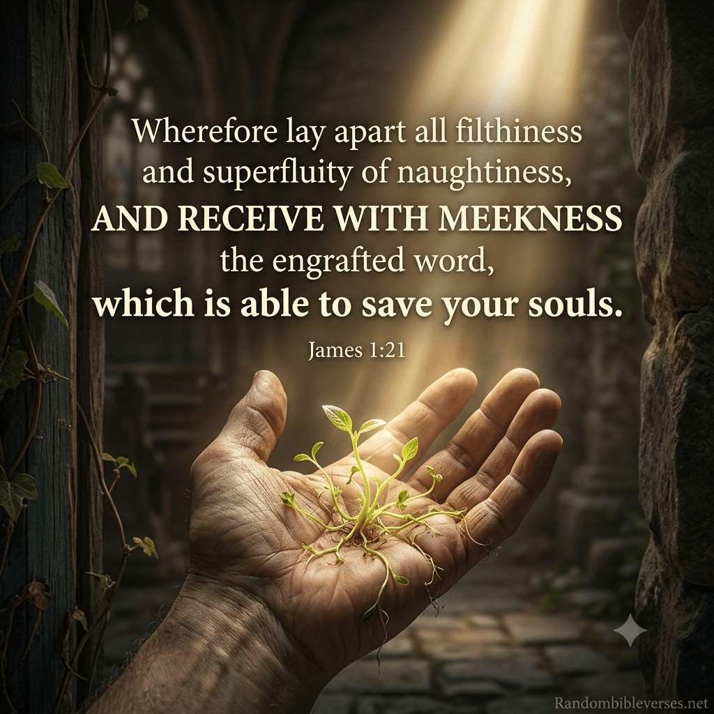 A pair of open, weathered hands gently holding a small, glowing green plant with roots, illuminated by a warm ray of heavenly light shining through a rustic stone archway. Overlay text features the Bible verse James 1:21: "Wherefore lay apart all filthiness and superfluity of naughtiness, AND RECEIVE WITH MEEKNESS the engrafted word, which is able to save your souls."
