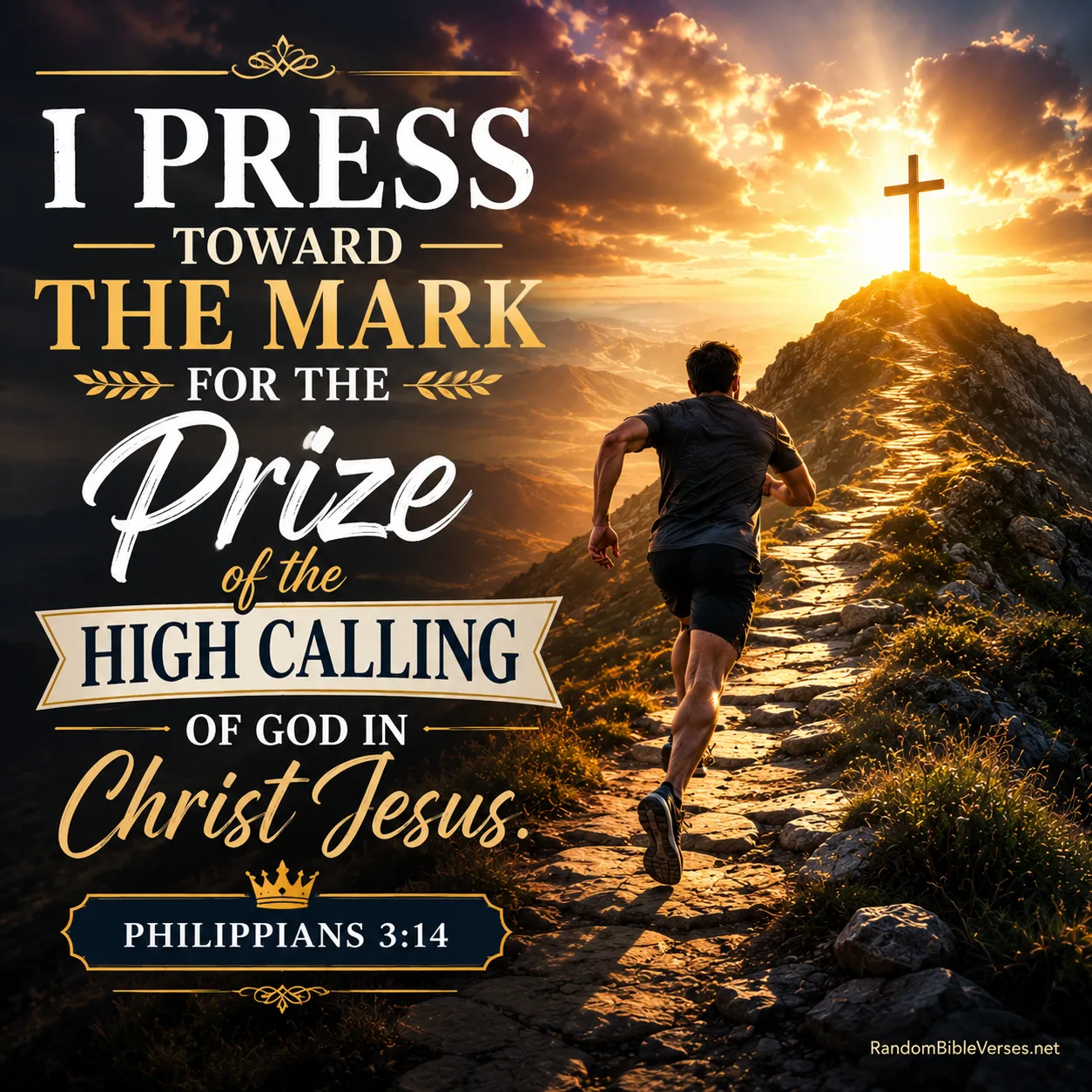 Philippians 3:14 Bible verse image showing a believer running toward a glowing cross on a mountain at sunrise, symbolizing faith, perseverance, purpose, and pressing toward God's heavenly calling in Christ Jesus.