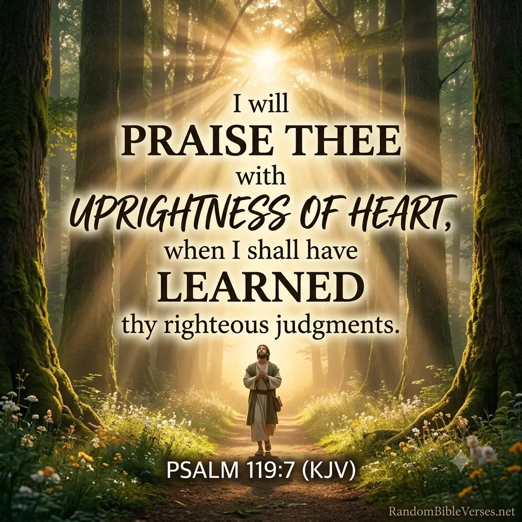 A serene forest scene with brilliant golden sunlight shining through tall, moss-covered trees, illuminating a path lined with white and yellow wildflowers. A man in ancient biblical robes is walking along the path, looking upward with his hands clasped in prayer. Centered over the scene is the Bible verse text: "I will PRAISE THEE with UPRIGHTNESS OF HEART, when I shall have LEARNED thy righteous judgments." Below the text is the citation "PSALM 119:7 (KJV)". A small watermark for "RandomBibleVerses.net" is in the bottom right corner.