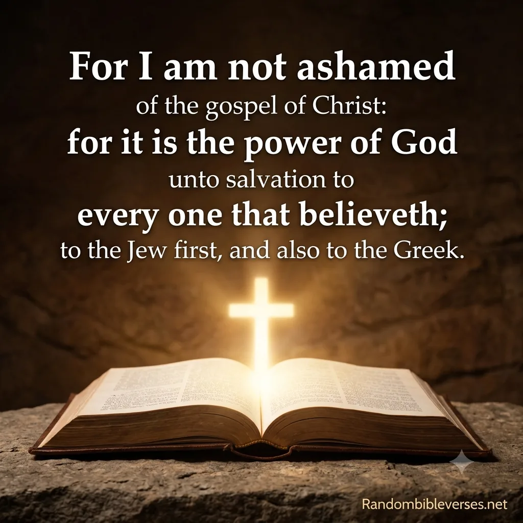 A dramatic photograph of an open, worn Bible resting on a dark, textured stone surface, with a brilliant, glowing cross of light rising from its center pages. The text above the cross reads, "For I am not ashamed of the gospel of Christ: for it is the power of God unto salvation to every one that believeth; to the Jew first, and also to the Greek."